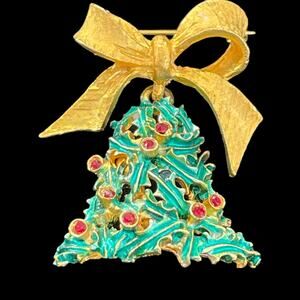 Christmas Tree Brooch Pin Vintage 1960's Mylu Holly Leaves Enamel & Gold Tone